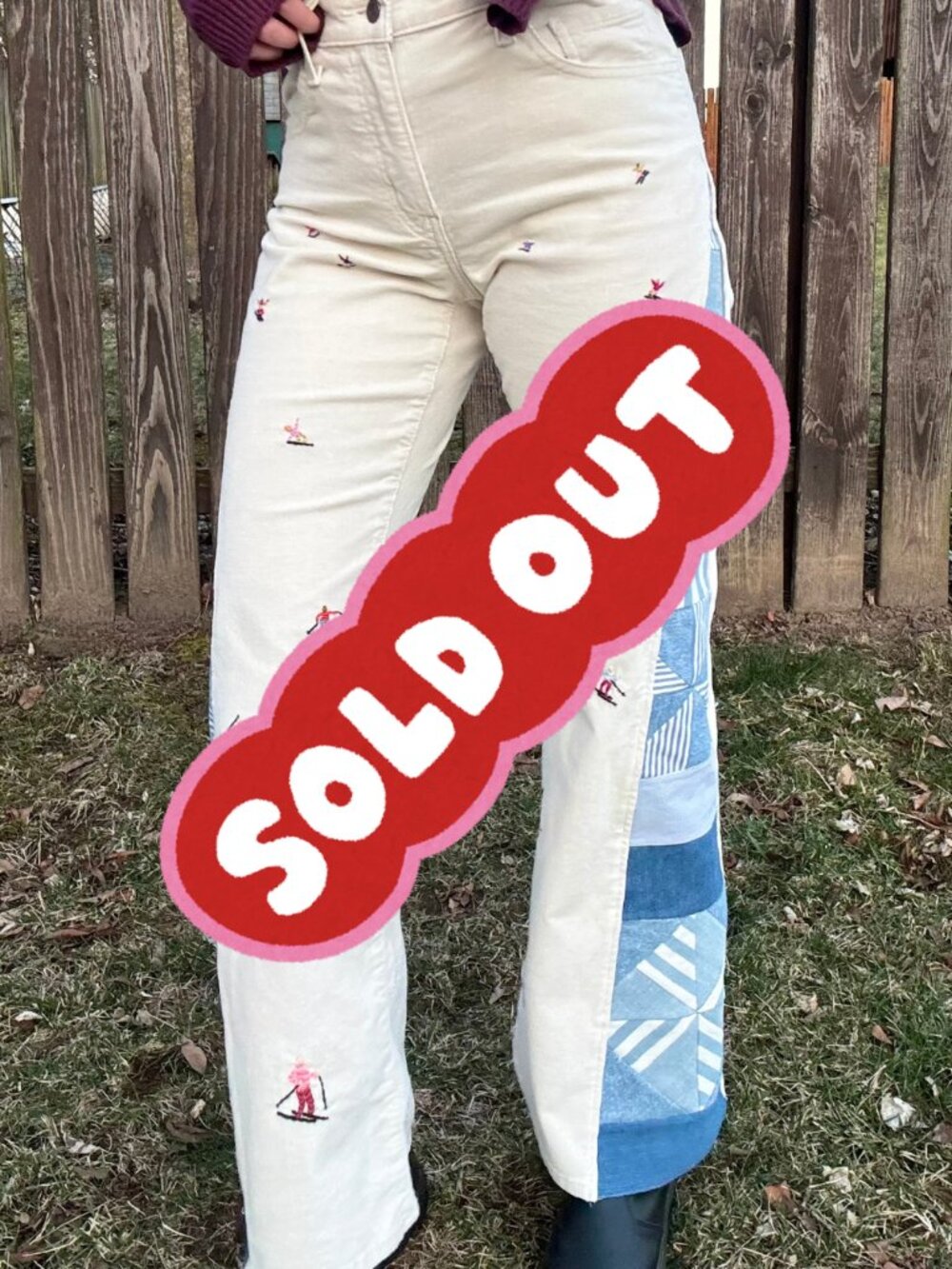 Levi's Embroidery Ski Quilted Corduroy Wide Leg High Rise Pants Ivory Women 27/4